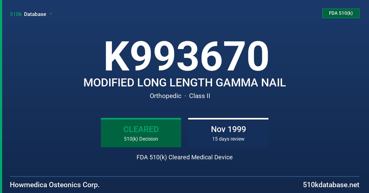 K993670 MODIFIED LONG LENGTH GAMMA NAIL FDA 510(k) Cleared Medical Device