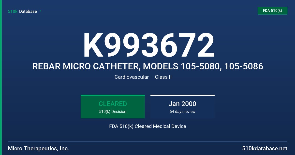 K993672 REBAR MICRO CATHETER, MODELS 105-5080, 105-5086 FDA 510(k) Cleared Medical Device