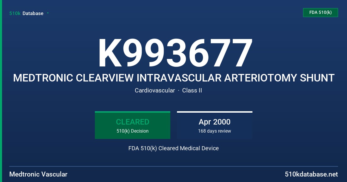 K993677 MEDTRONIC CLEARVIEW INTRAVASCULAR ARTERIOTOMY SHUNT FDA 510(k) Cleared Medical Device
