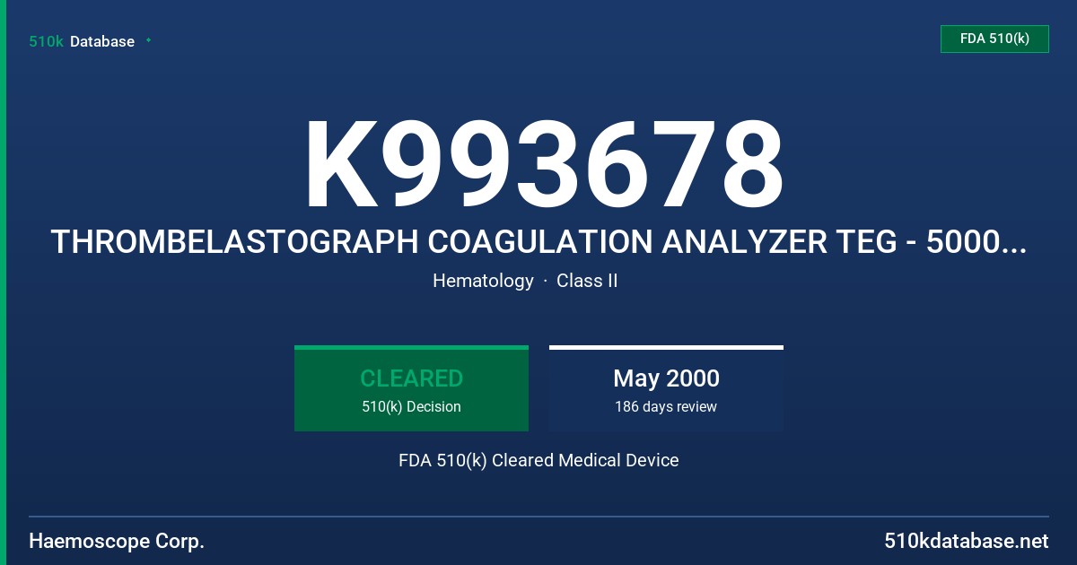 K993678 THROMBELASTOGRAPH COAGULATION ANALYZER TEG - 5000 SERIES FDA 510(k) Cleared Medical Device