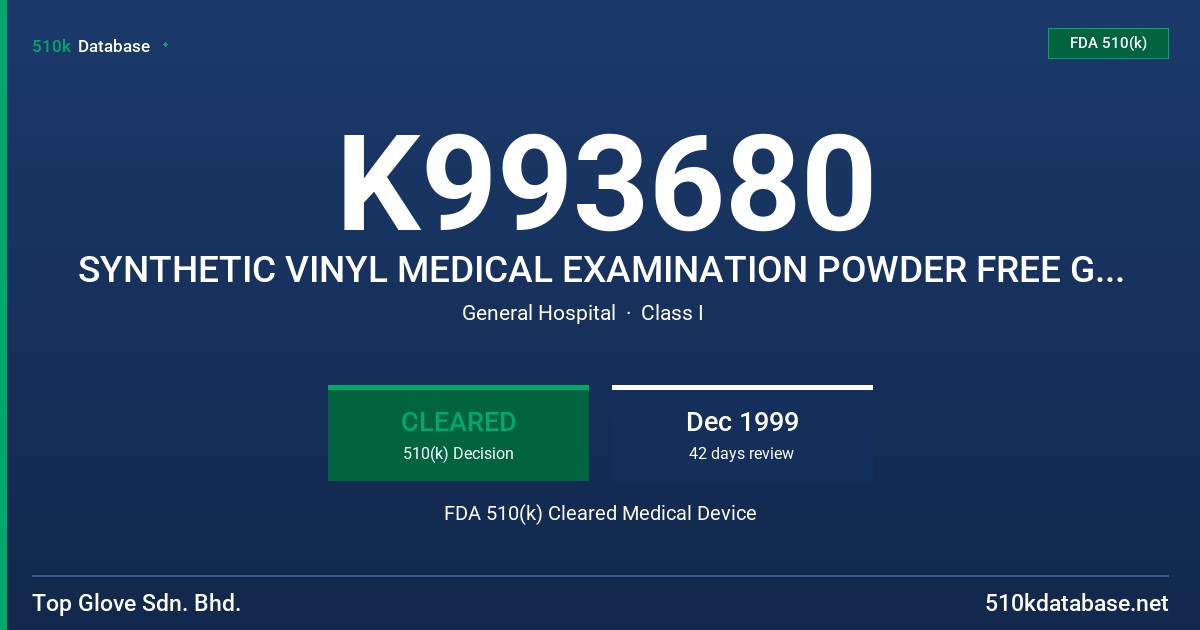 K993680 SYNTHETIC VINYL MEDICAL EXAMINATION POWDER FREE GLOVE FDA 510(k) Cleared Medical Device