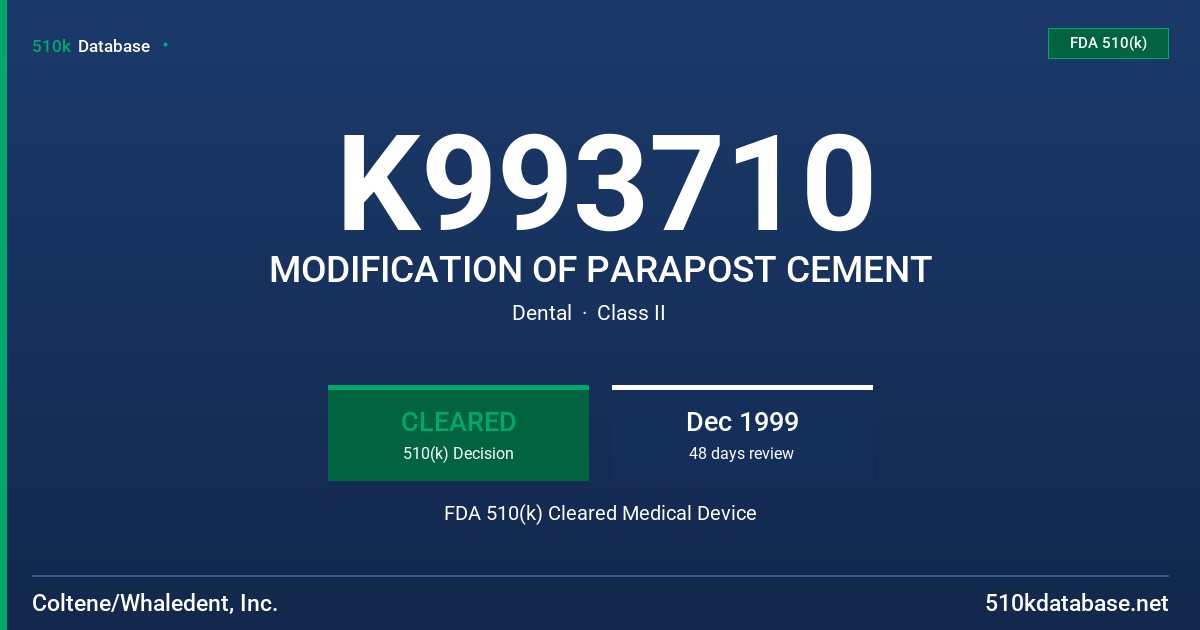 K993710 MODIFICATION OF PARAPOST CEMENT FDA 510(k) Cleared Medical Device