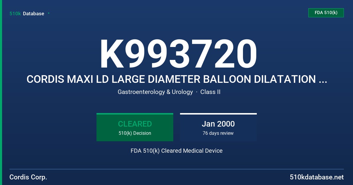 K993720 CORDIS MAXI LD LARGE DIAMETER BALLOON DILATATION CATHETER FDA 510(k) Cleared Medical Device