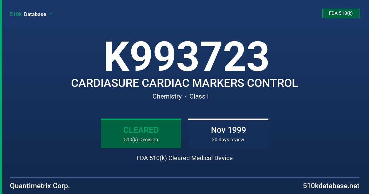 K993723 CARDIASURE CARDIAC MARKERS CONTROL FDA 510(k) Cleared Medical Device