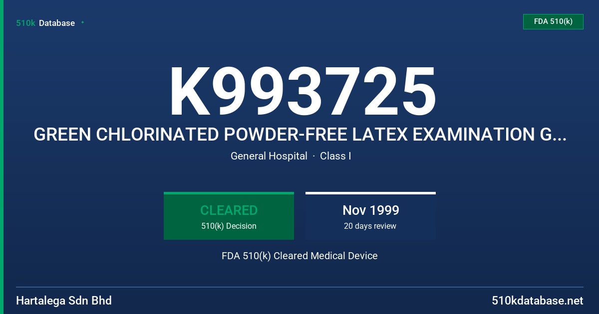 K993725 GREEN CHLORINATED POWDER-FREE LATEX EXAMINATION GLOVES WITH PROTEIN CONTENT LABELING CLAIM OF 50 MICROGRAMS OR LESS FDA 510(k) Cleared Medical Device