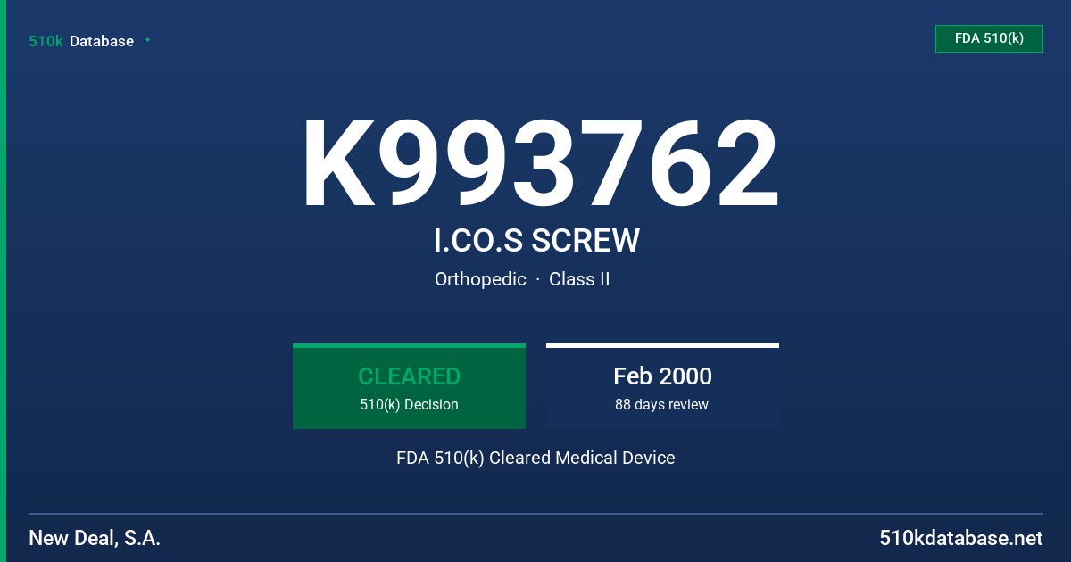 K993762 I.CO.S SCREW FDA 510(k) Cleared Medical Device
