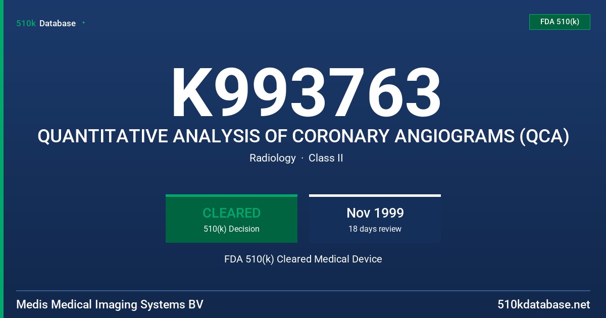 K993763 QUANTITATIVE ANALYSIS OF CORONARY ANGIOGRAMS (QCA) FDA 510(k) Cleared Medical Device