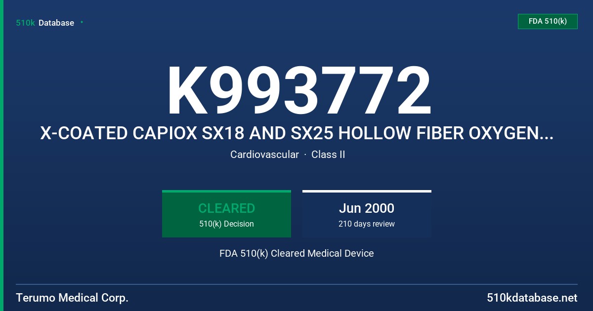 K993772 X-COATED CAPIOX SX18 AND SX25 HOLLOW FIBER OXYGENATOR WITH/ WITHOUT DETACHABLE HARDSHELL RESERVOIR FDA 510(k) Cleared Medical Device