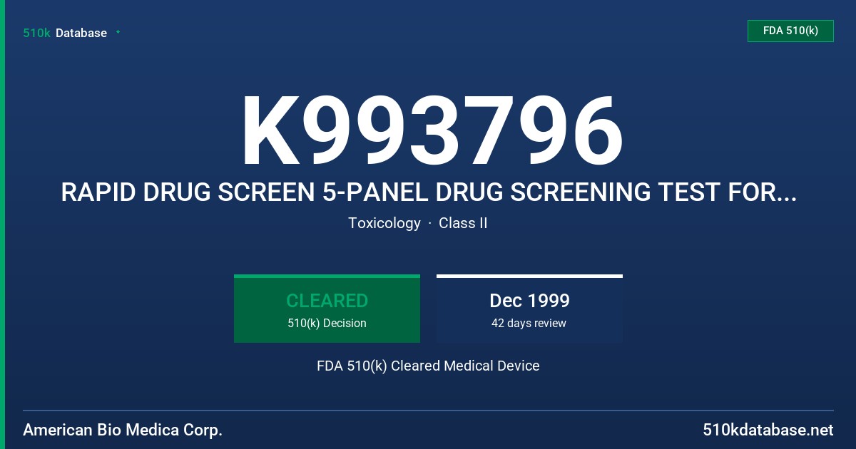K993796 RAPID DRUG SCREEN 5-PANEL DRUG SCREENING TEST FOR COCAINE, MARIJUANA, OPIATES, AMPHETAMINE AND METHAMPHETAMINE FDA 510(k) Cleared Medical Device