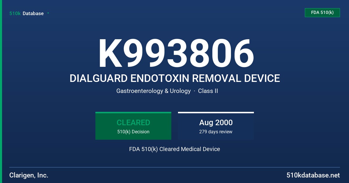 K993806 DIALGUARD ENDOTOXIN REMOVAL DEVICE FDA 510(k) Cleared Medical Device