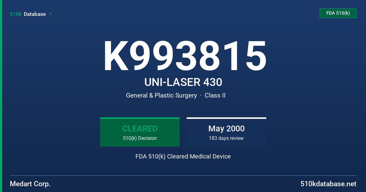 K993815 UNI-LASER 430 FDA 510(k) Cleared Medical Device