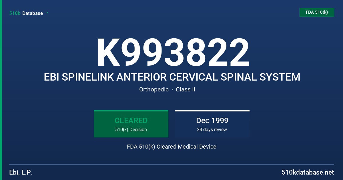 K993822 EBI SPINELINK ANTERIOR CERVICAL SPINAL SYSTEM FDA 510(k) Cleared Medical Device