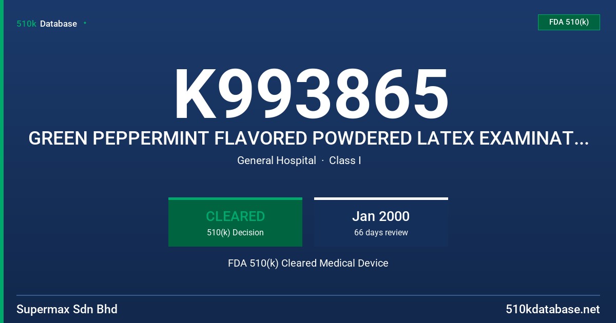 K993865 GREEN PEPPERMINT FLAVORED POWDERED LATEX EXAMINATION GLOVES FDA 510(k) Cleared Medical Device