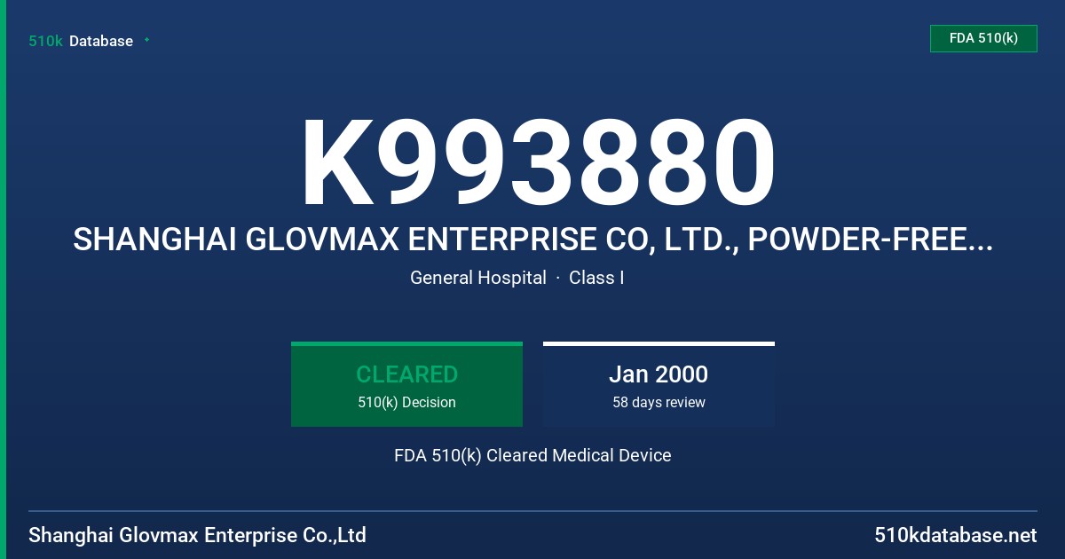 K993880 SHANGHAI GLOVMAX ENTERPRISE CO, LTD., POWDER-FREE VINYL PATIENT EXAMINATION GLOVES FDA 510(k) Cleared Medical Device