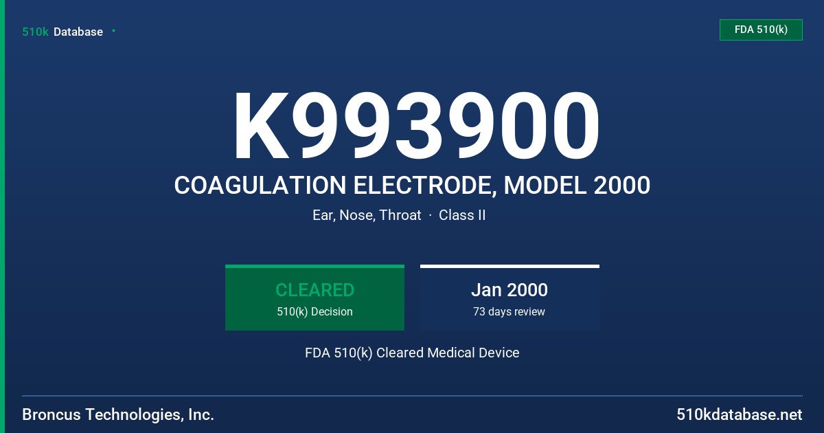K993900 COAGULATION ELECTRODE, MODEL 2000 FDA 510(k) Cleared Medical Device