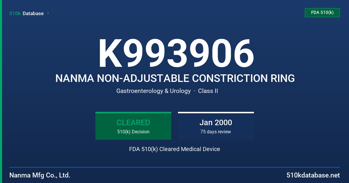K993906 NANMA NON-ADJUSTABLE CONSTRICTION RING FDA 510(k) Cleared Medical Device