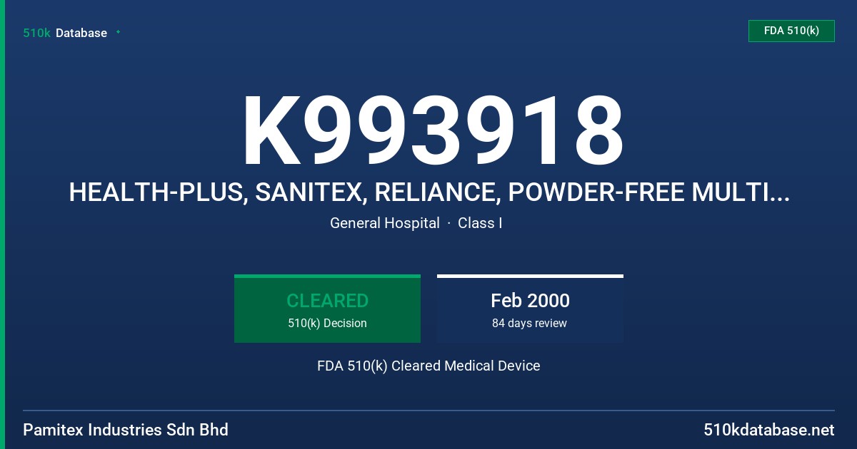 K993918 HEALTH-PLUS, SANITEX, RELIANCE, POWDER-FREE MULTI-PLY LATEX EXAMINATION GLOVE (NATURAL RUBBER LATEX-NITRILE-CONSTRUCTION FDA 510(k) Cleared Medical Device