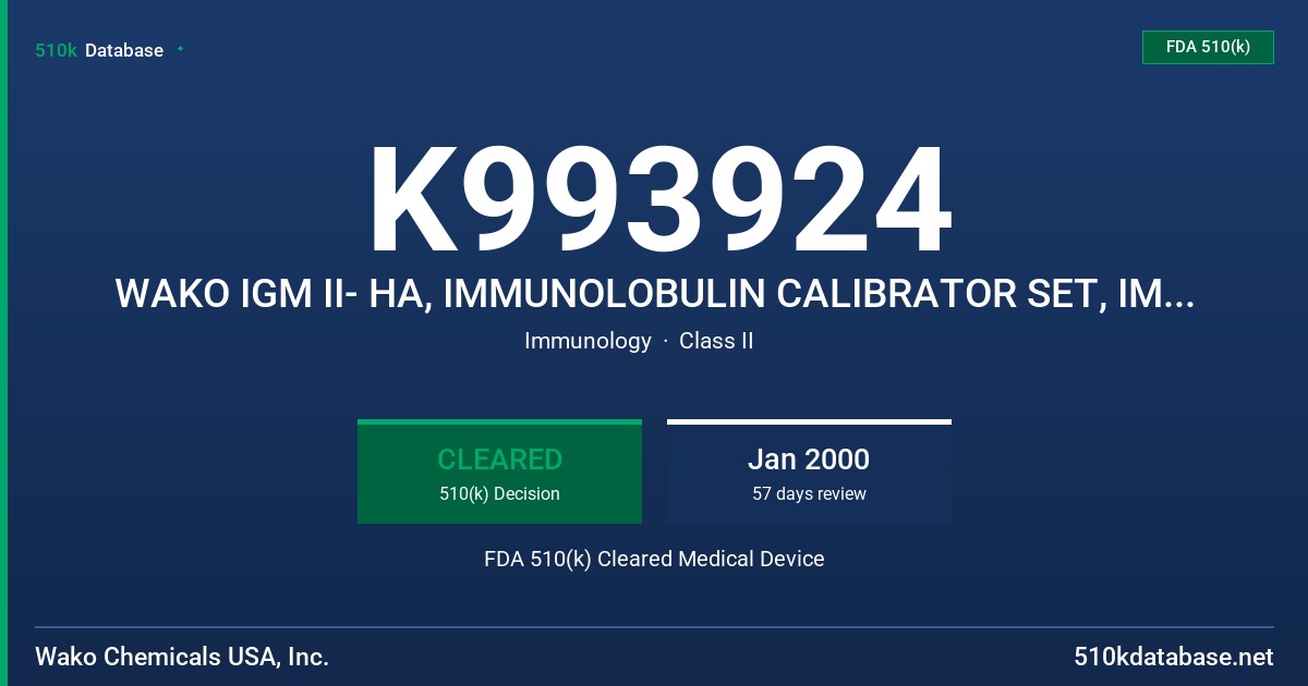 K993924 WAKO IGM II- HA, IMMUNOLOBULIN CALIBRATOR SET, IMMUNOLOBULIN STANDARD FDA 510(k) Cleared Medical Device
