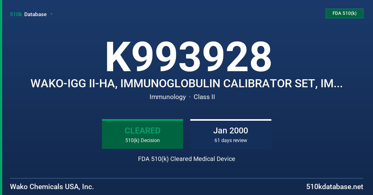 K993928 WAKO-IGG II-HA, IMMUNOGLOBULIN CALIBRATOR SET, IMMUNOLOBULIN STANDARD FDA 510(k) Cleared Medical Device