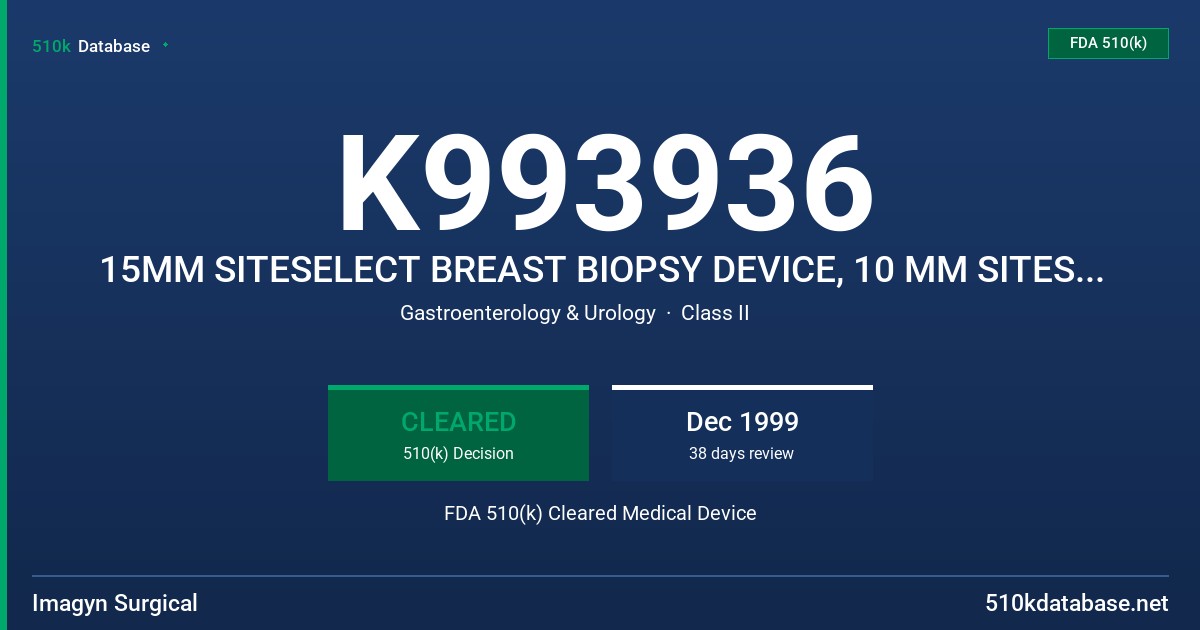 K993936 15MM SITESELECT BREAST BIOPSY DEVICE, 10 MM SITESELECT BREAST BIOPSY DEVICE, 5MM SITESELECT BREAST BIOPSY DEVICE FDA 510(k) Cleared Medical Device