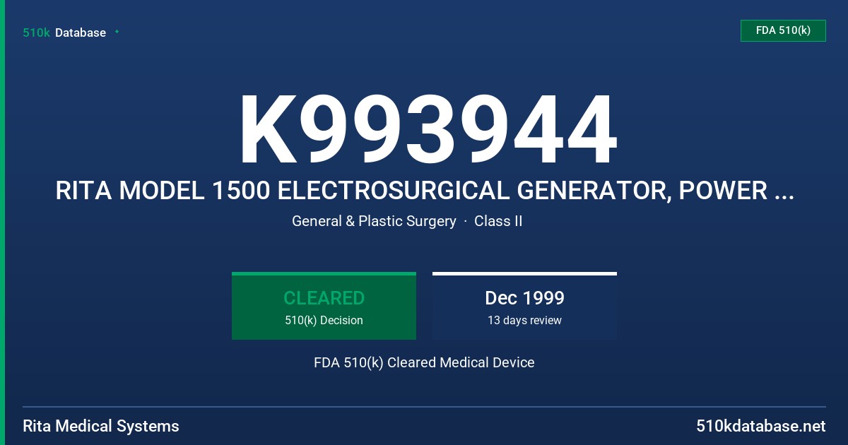 K993944 RITA MODEL 1500 ELECTROSURGICAL GENERATOR, POWER CORD,FOOTSWITCH,MAIN CABLE, DISPERSIVE ELECTRODE FDA 510(k) Cleared Medical Device