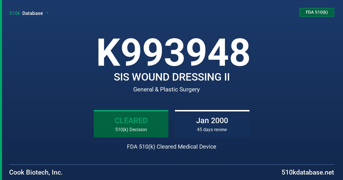 K993948 SIS WOUND DRESSING II FDA 510(k) Cleared Medical Device