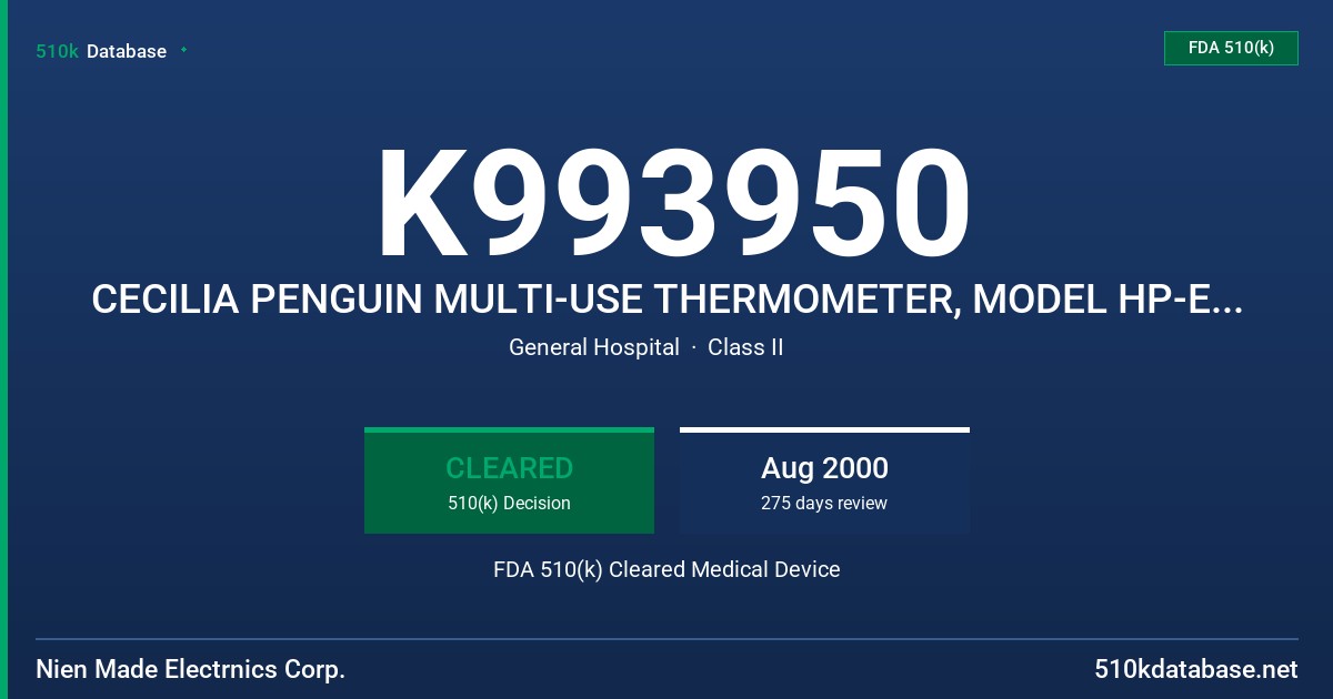 K993950 CECILIA PENGUIN MULTI-USE THERMOMETER, MODEL HP-ETO9999 FDA 510(k) Cleared Medical Device