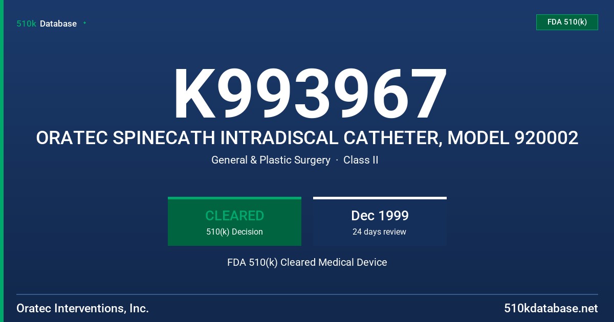 K993967 ORATEC SPINECATH INTRADISCAL CATHETER, MODEL 920002 FDA 510(k) Cleared Medical Device