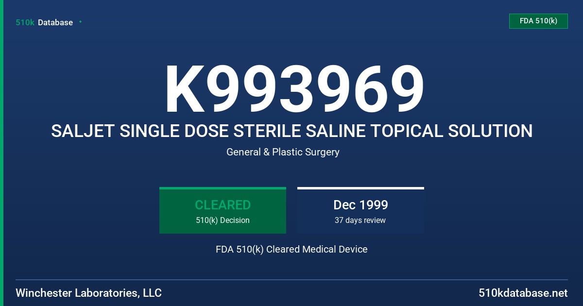 K993969 SALJET SINGLE DOSE STERILE SALINE TOPICAL SOLUTION FDA 510(k) Cleared Medical Device