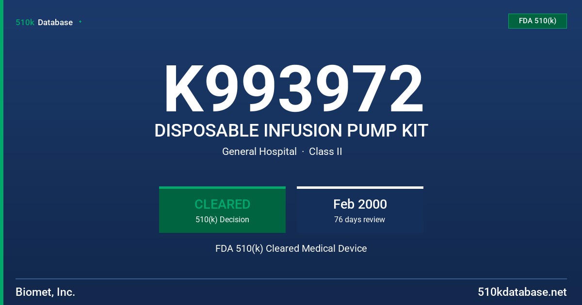 K993972 DISPOSABLE INFUSION PUMP KIT FDA 510(k) Cleared Medical Device