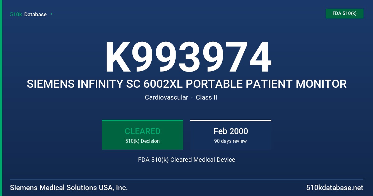 K993974 SIEMENS INFINITY SC 6002XL PORTABLE PATIENT MONITOR FDA 510(k) Cleared Medical Device