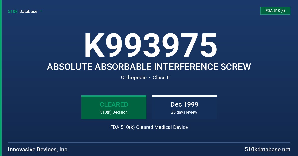 K993975 ABSOLUTE ABSORBABLE INTERFERENCE SCREW FDA 510(k) Cleared Medical Device