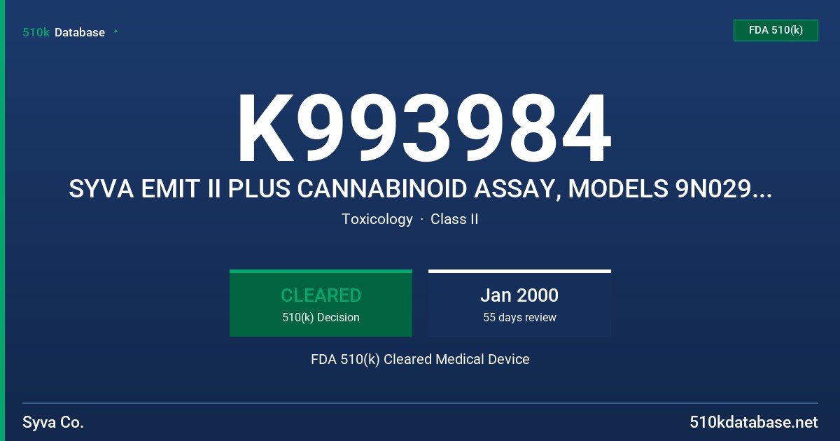 K993984 SYVA EMIT II PLUS CANNABINOID ASSAY, MODELS 9N029UL/9N129UL FDA 510(k) Cleared Medical Device