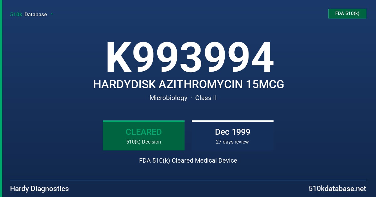 K993994 HARDYDISK AZITHROMYCIN 15MCG FDA 510(k) Cleared Medical Device