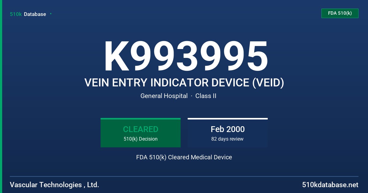 K993995 VEIN ENTRY INDICATOR DEVICE (VEID) FDA 510(k) Cleared Medical Device