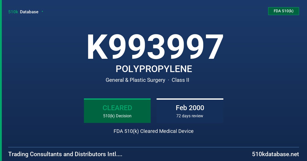 K993997 POLYPROPYLENE FDA 510(k) Cleared Medical Device