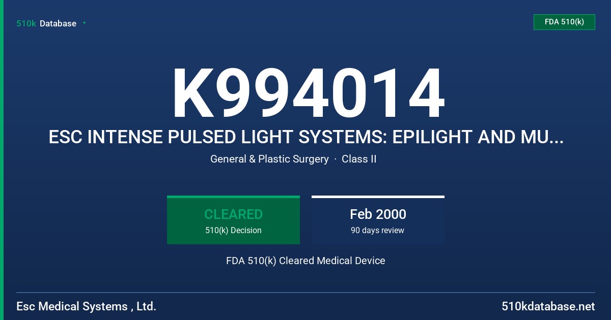 K994014 ESC INTENSE PULSED LIGHT SYSTEMS: EPILIGHT AND MULTILIGHT FDA 510(k) Cleared Medical Device