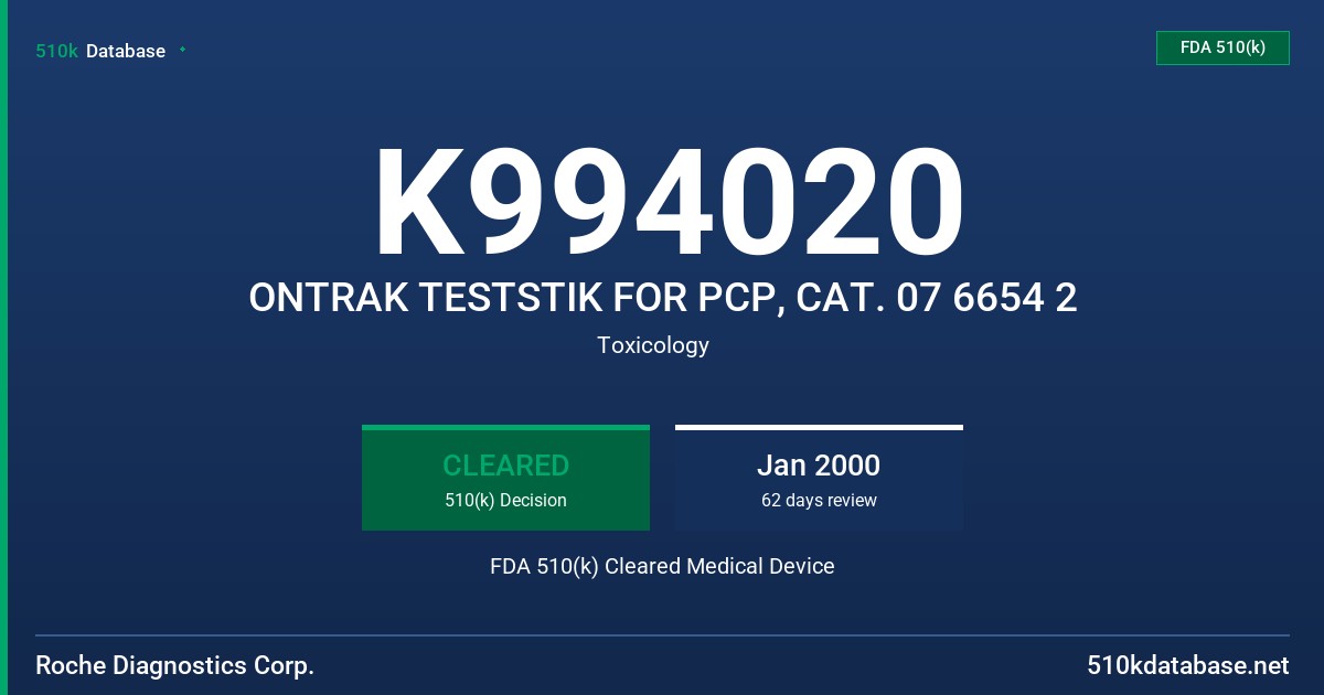 K994020 ONTRAK TESTSTIK FOR PCP, CAT. 07 6654 2 FDA 510(k) Cleared Medical Device