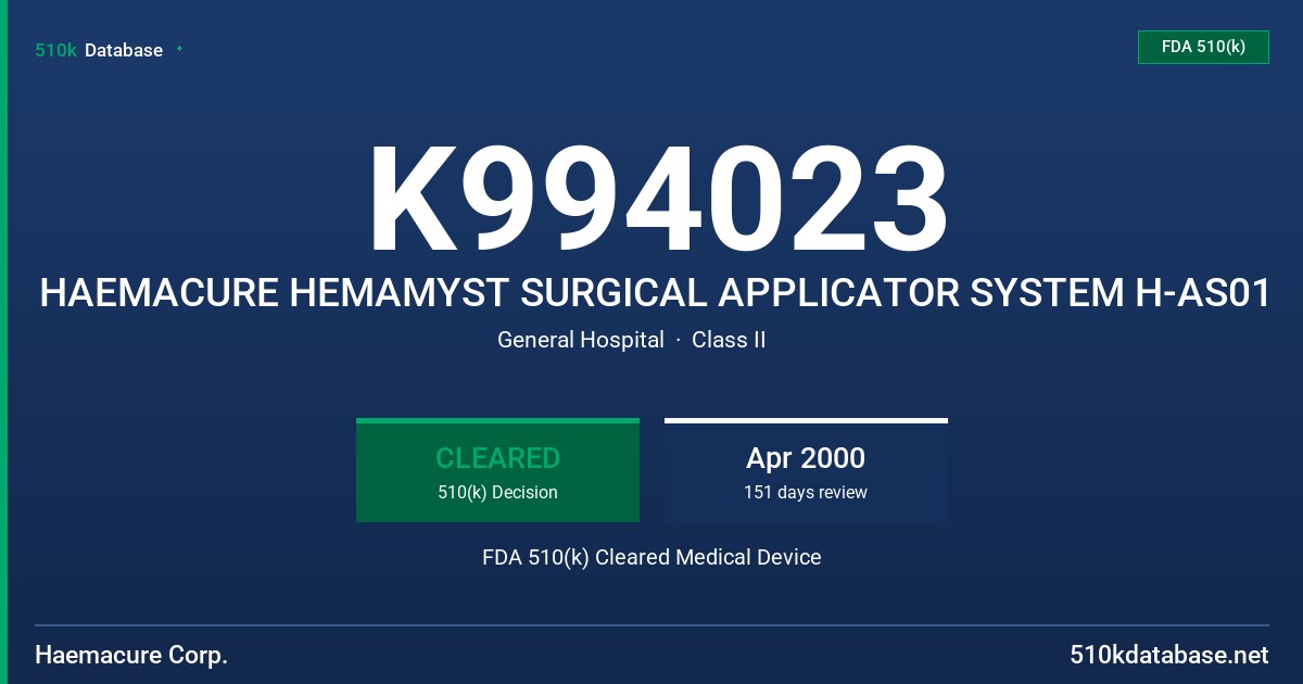 K994023 HAEMACURE HEMAMYST SURGICAL APPLICATOR SYSTEM H-AS01 FDA 510(k) Cleared Medical Device