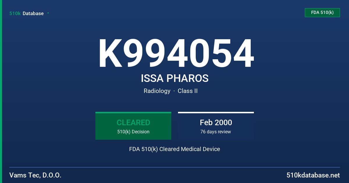 K994054 ISSA PHAROS FDA 510(k) Cleared Medical Device