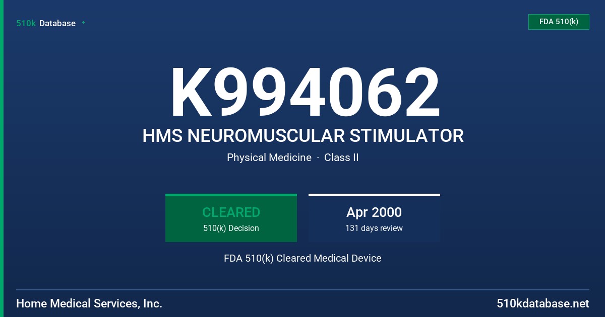 K994062 HMS NEUROMUSCULAR STIMULATOR FDA 510(k) Cleared Medical Device