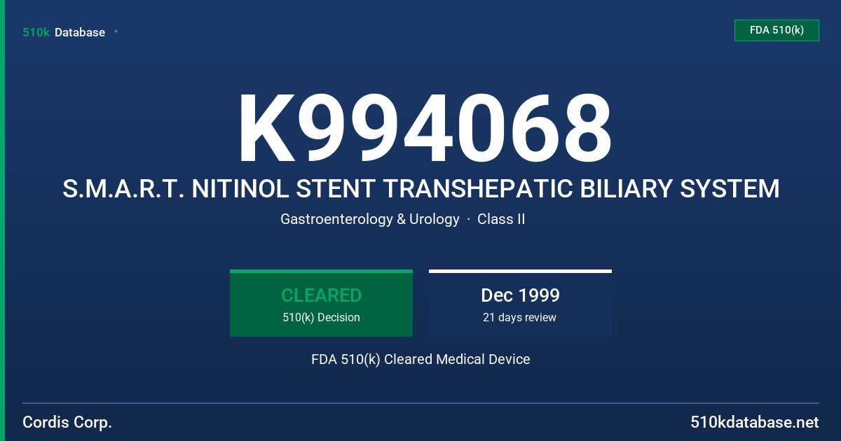 K994068 S.M.A.R.T. NITINOL STENT TRANSHEPATIC BILIARY SYSTEM FDA 510(k) Cleared Medical Device