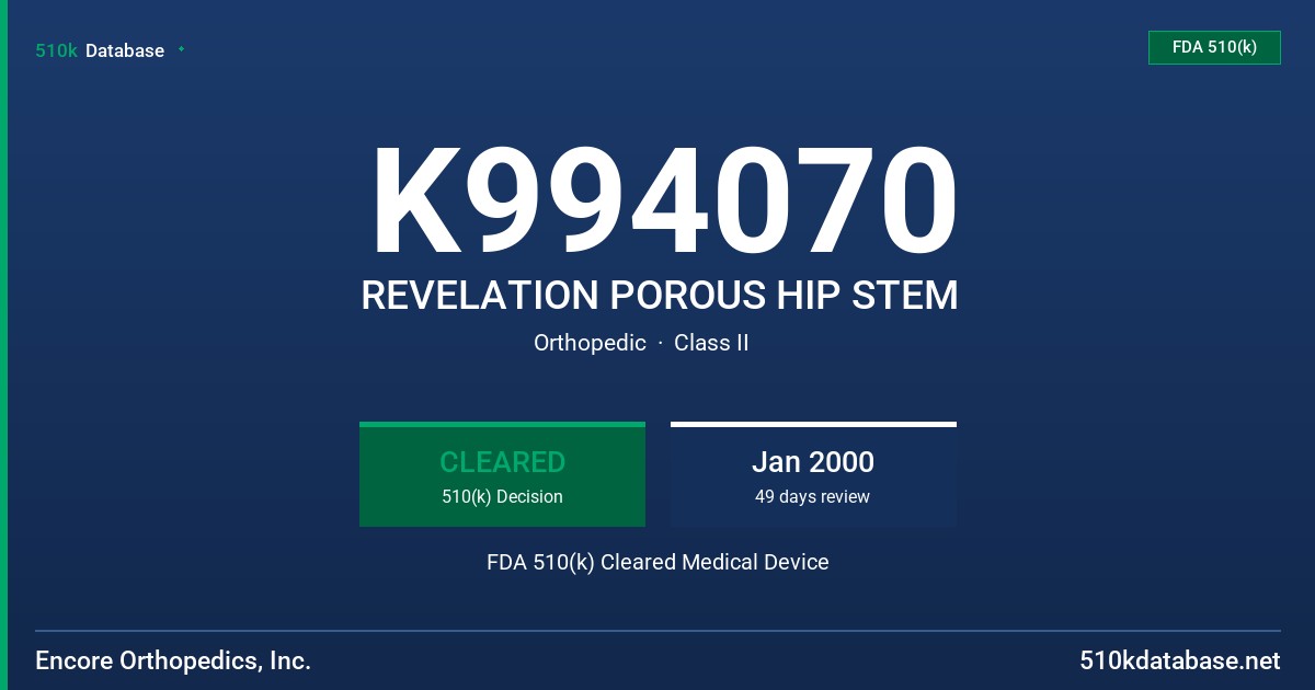 K994070 REVELATION POROUS HIP STEM FDA 510(k) Cleared Medical Device