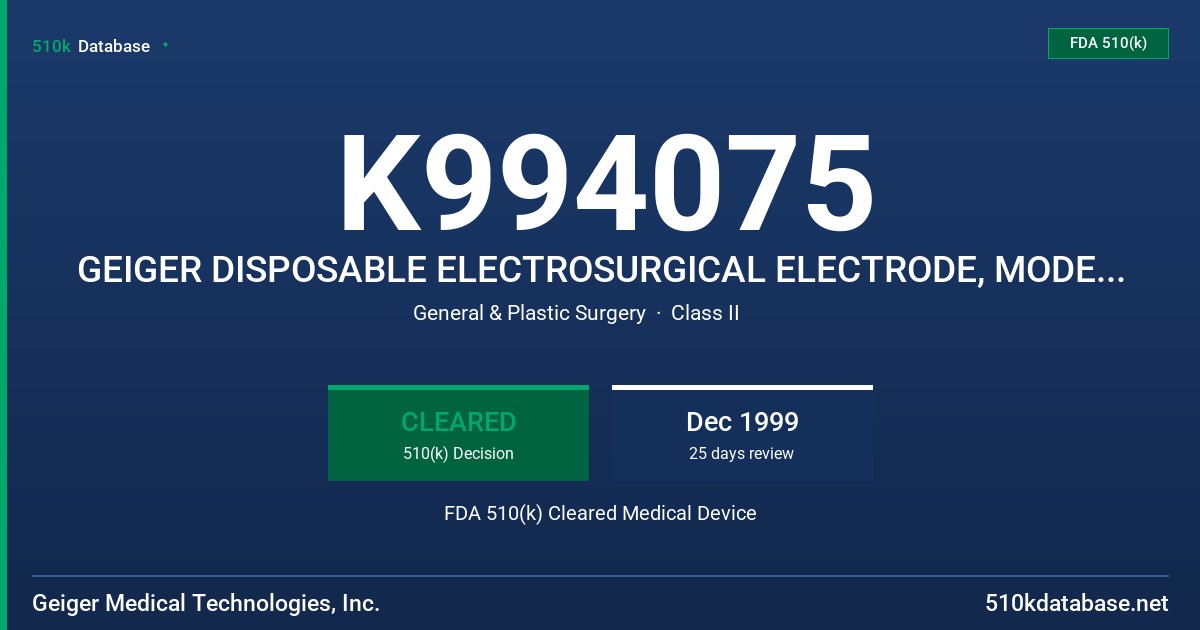 K994075 GEIGER DISPOSABLE ELECTROSURGICAL ELECTRODE, MODEL 435 FDA 510(k) Cleared Medical Device