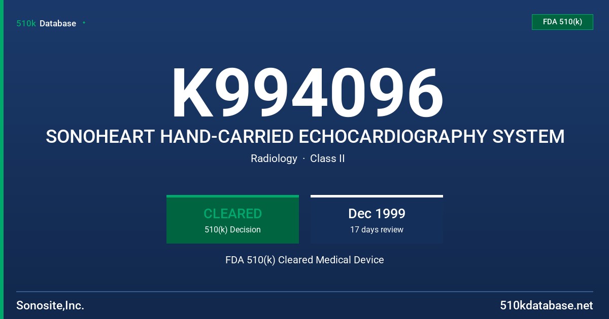 K994096 SONOHEART HAND-CARRIED ECHOCARDIOGRAPHY SYSTEM FDA 510(k) Cleared Medical Device