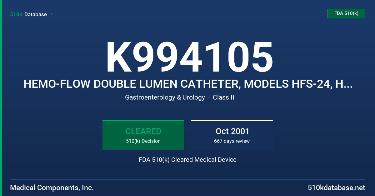 K994105 HEMO-FLOW DOUBLE LUMEN CATHETER, MODELS HFS-24, HFS-28, HFS-32, HFS-36, HFS-40 FDA 510(k) Cleared Medical Device