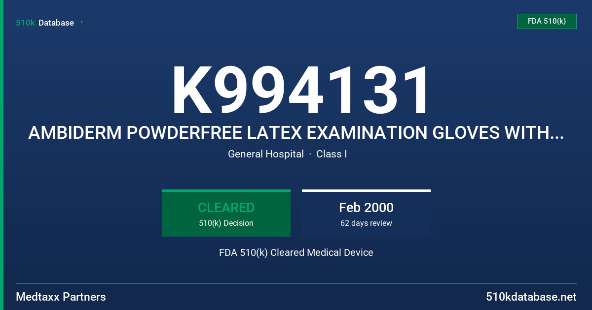 K994131 AMBIDERM POWDERFREE LATEX EXAMINATION GLOVES WITH A PROTEIN CLAIM OF 50 MICROGRAMS OR LESS PER GRAM (BLACK COLORED) FDA 510(k) Cleared Medical Device