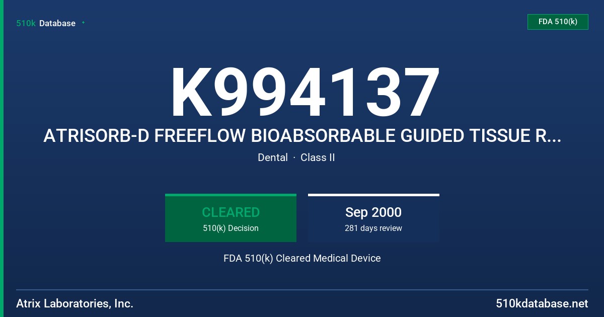 K994137 ATRISORB-D FREEFLOW BIOABSORBABLE GUIDED TISSUE REGENERATION (GTR) BARRIER WITH 4% DOXYCYCLINE FDA 510(k) Cleared Medical Device