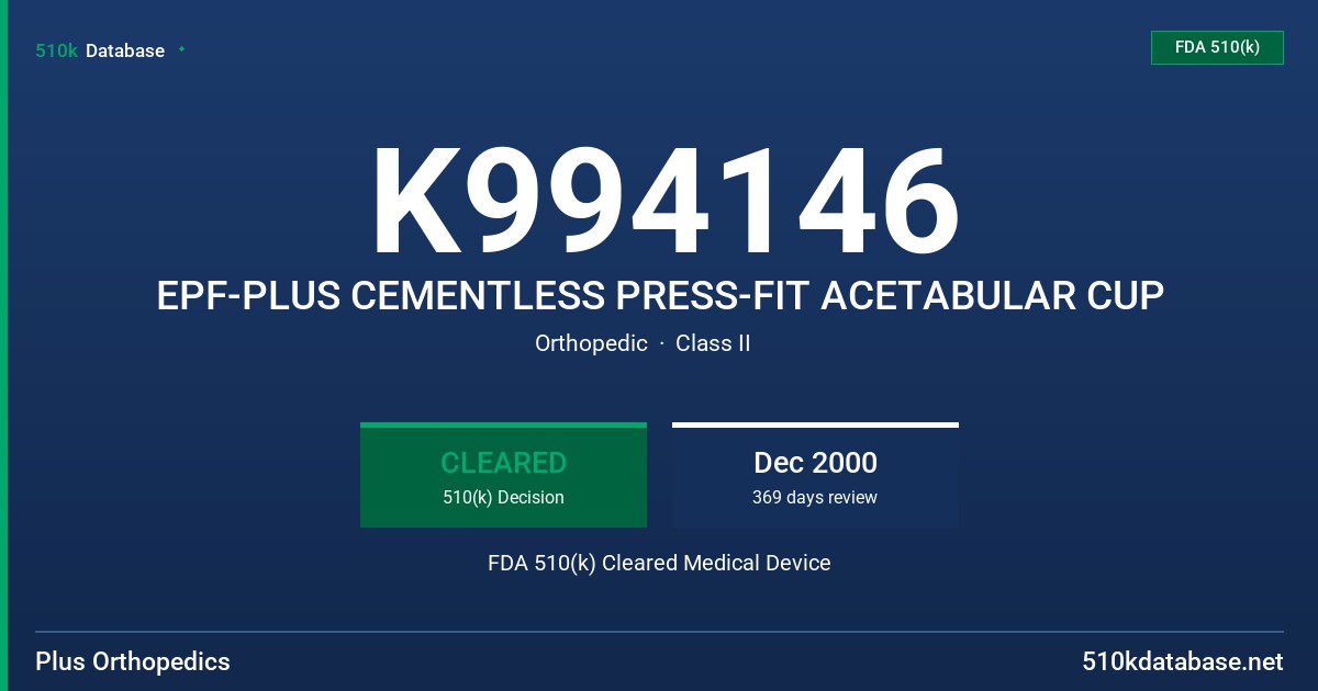 K994146 EPF-PLUS CEMENTLESS PRESS-FIT ACETABULAR CUP FDA 510(k) Cleared Medical Device