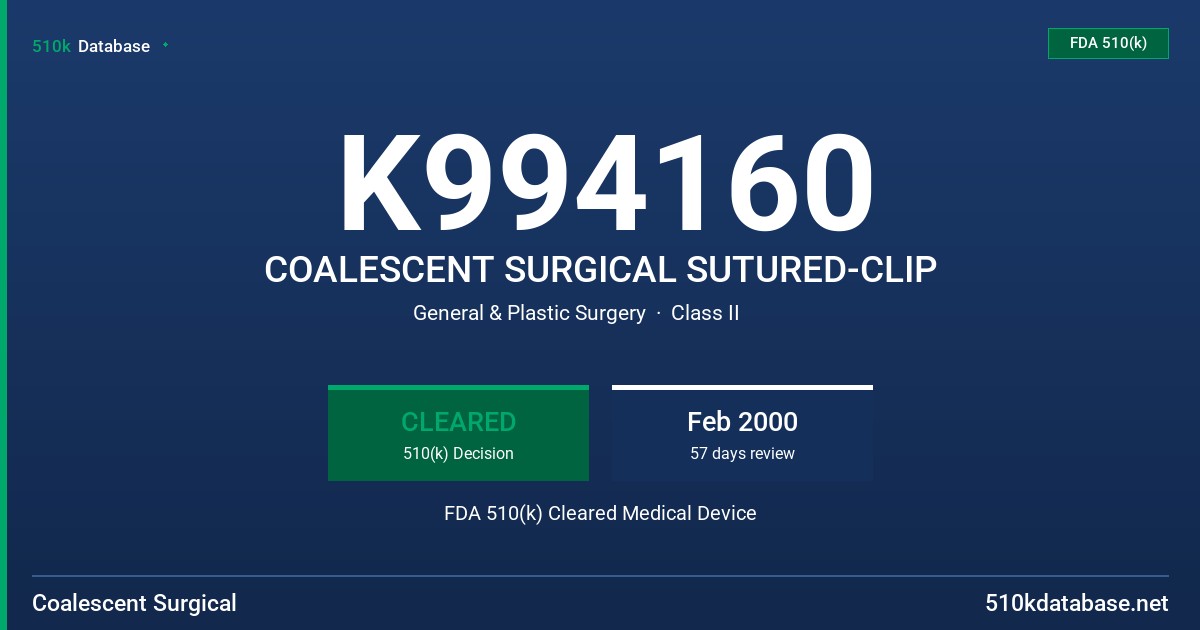 K994160 COALESCENT SURGICAL SUTURED-CLIP FDA 510(k) Cleared Medical Device